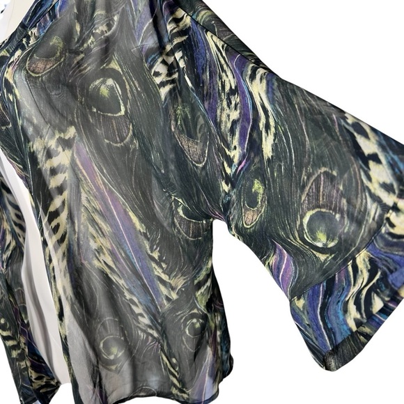 TRAVELSMITH Semi Sheer Open Front Peacock Feather Print Cardigan Women's Size 1X - Picture 6 of 16